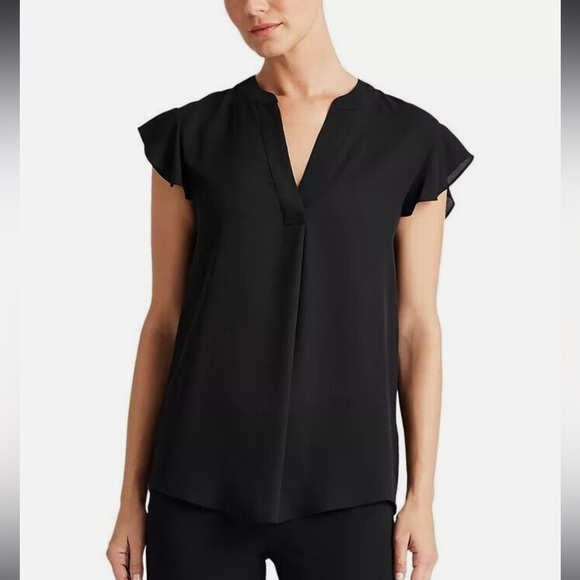 #197- CALVIN KLEIN-Flutter Sleeve Blouse size S Split V Neck Black NWT - Picture 1 of 5